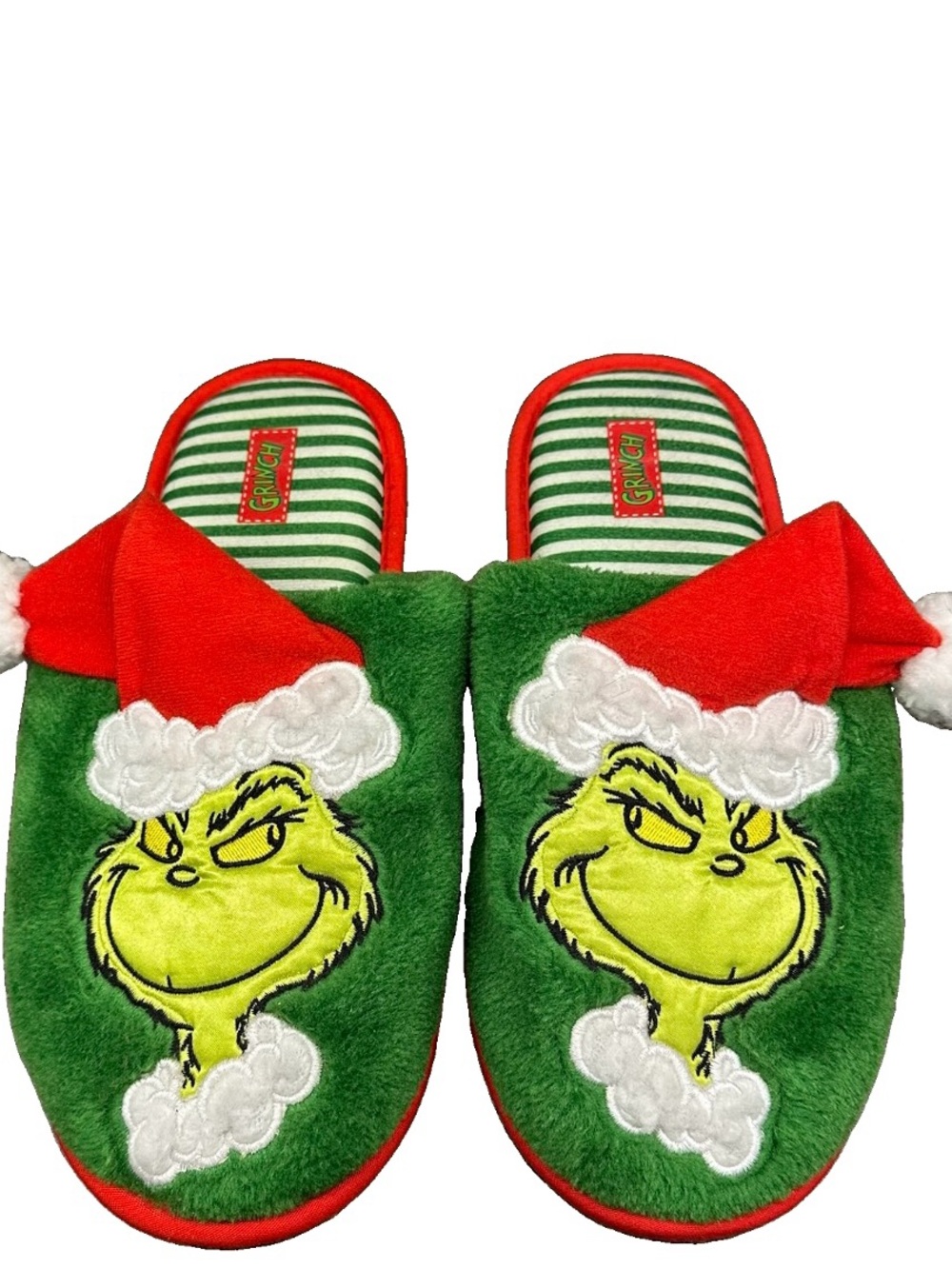 Green & Red Plush Holiday Grinch Slippers Adult Size 9-10